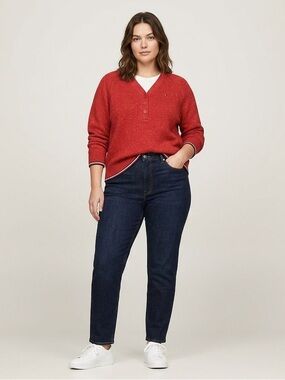 048-Tommy Hilfiger Red V-neck Knitted Pullover Sweater Size XL